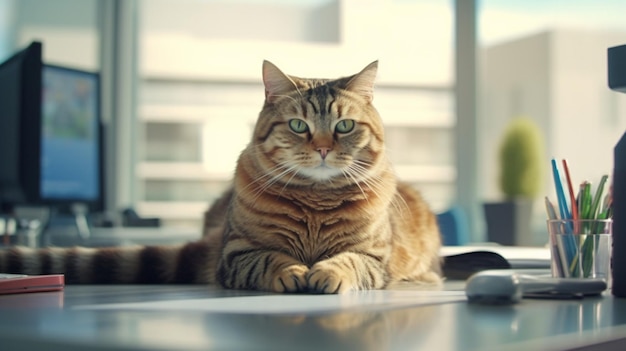 Een dikke kat zit aan de bureautafel Generatieve Ai
