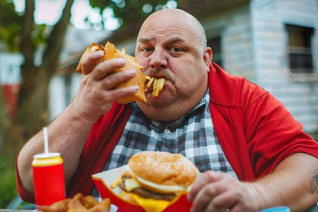 Foto een dikke man die een hamburger eet.