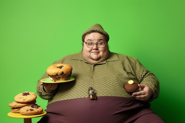 Een dikke man houdt borden met eten en een bord koekjes vast.