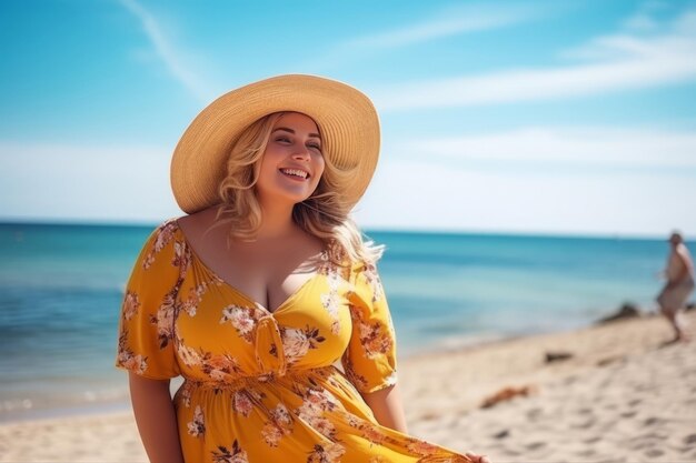 Een dikke vrouw geniet van haar vakantie ontspannen op het strand op de achtergrond strand en zee AI gegenereerd