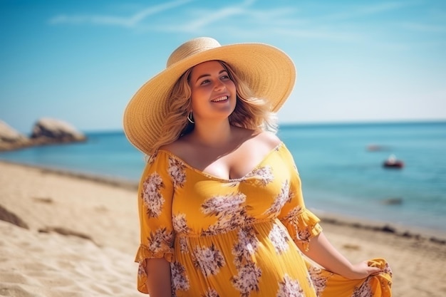 Een dikke vrouw geniet van haar vakantie terwijl ze ontspannen op het strand zit. Op de achtergrond het strand en de zee