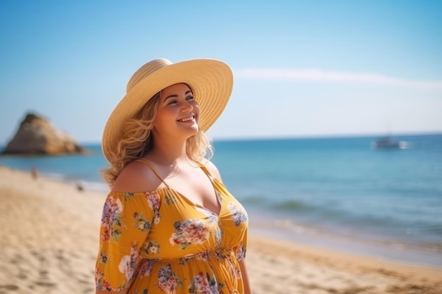 Een dikke vrouw geniet van haar vakantie terwijl ze ontspannen op het strand zit. Op de achtergrond het strand en de zee