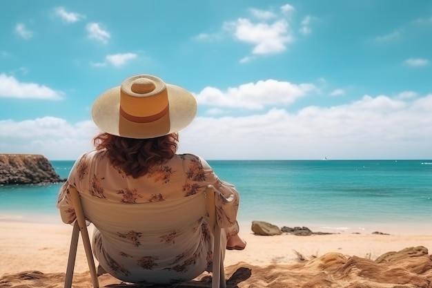 Een dikke vrouw geniet van haar vakantie terwijl ze ontspannen op het strand zit. Op de achtergrond het strand en de zee