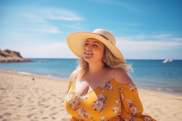 Een dikke vrouw geniet van haar vakantie terwijl ze ontspannen op het strand zit. Op de achtergrond het strand en de zee