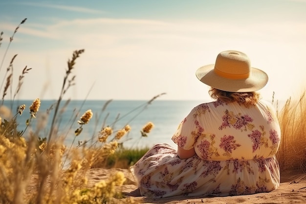 Een dikke vrouw geniet van haar vakantie terwijl ze ontspannen op het strand zit. Op de achtergrond het strand en de zee