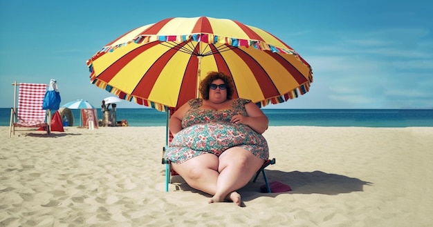 Een dikke vrouw geniet van haar vakantie terwijl ze ontspannen op het strand zit. Op de achtergrond het strand en de