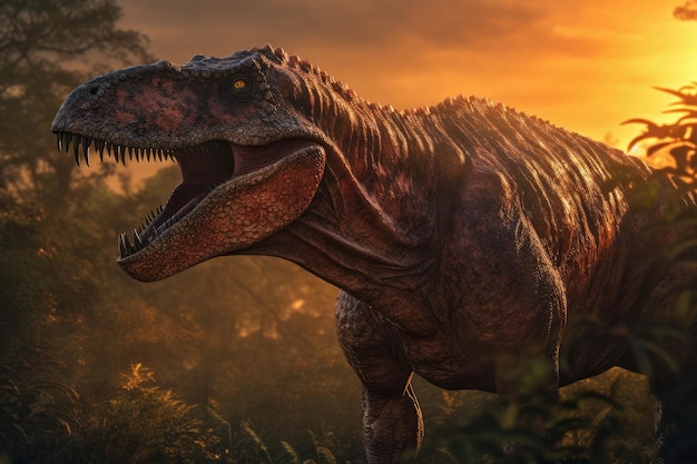 Een dinosaurus in een jungle bij zonsondergang met daarachter de ondergaande zon