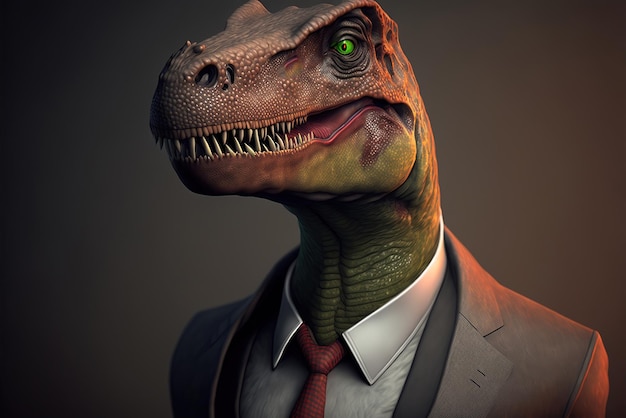 Een dinosaurus in een pak met een groen oog.