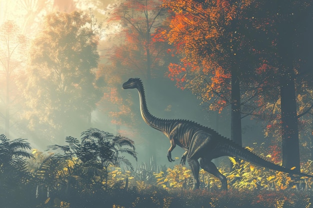 Een dinosaurus loopt door een bos met bomen met rode bladeren.