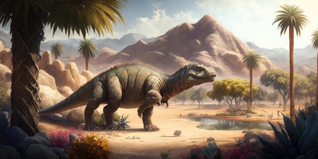 Een dinosaurus met een bergachtige achtergrond