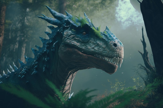 Een dinosaurus met een blauwe dinosaurus op de achtergrond van een bos.