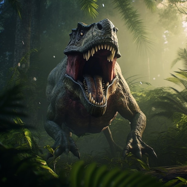 Een dinosaurus met een mond vol tanden in de jungle.