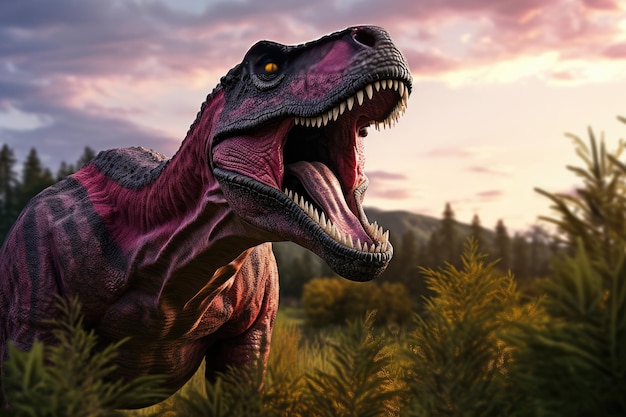 Een dinosaurus met een paarse kop en open mond wordt getoond in een roze zonsonderganghemel.