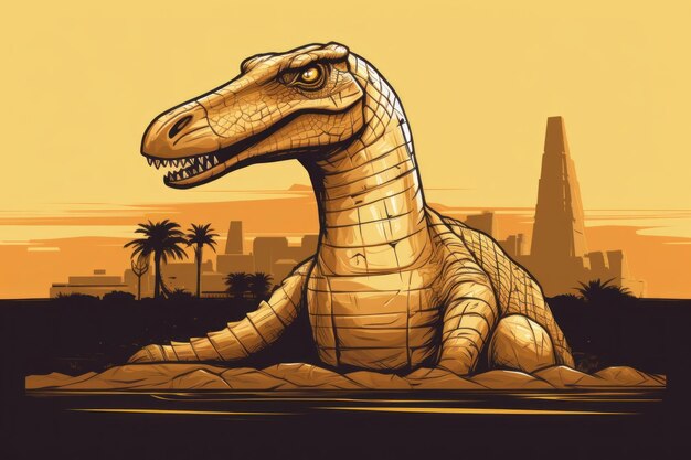 Een dinosaurussfinx voor Egyptische piramiden bij zonsondergang Generatief AI-beeld