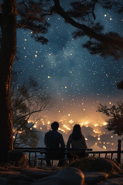 een diorama met een stel die onder een sterrenrijke nachthemel naar sterren kijkt