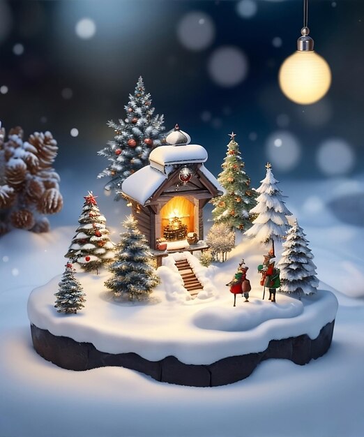 een diorama voor twee personen en een open haard in het midden van een met sneeuw bedekt dennenbos