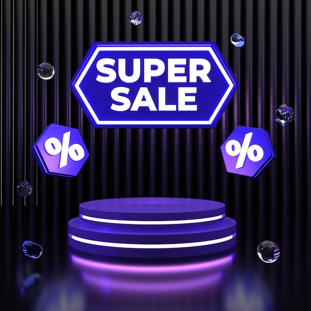 Een display met een blauw bord waarop superuitverkoop staat