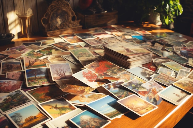 Een divers assortiment foto's en kaarten die een tafel versieren vintage ansichtkaarten uitgespreid op een tafel ai generated