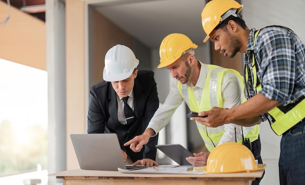 Foto een divers team van specialisten gebruikt een laptop op een bouwproject voor onroerend goed op de bouwplaats