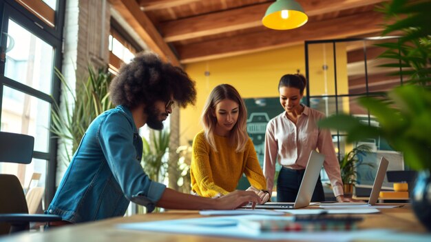 Foto een diverse groep collega's brainstormt en werkt samen aan een baanbrekend project in een hedendaagse en levendige kantoorruimte. creativiteit, teamwerk en innovatie op zijn best.