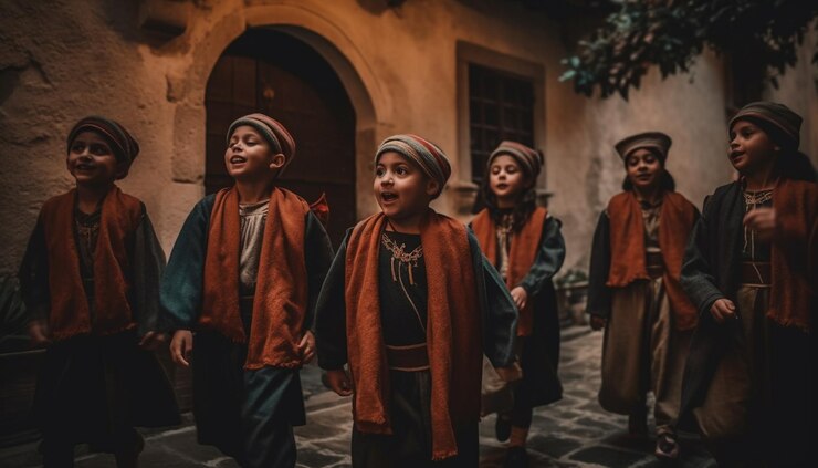 Foto een diverse groep glimlachende mensen die buiten lopen in traditionele kleding gegenereerd door kunstmatige intelligentie