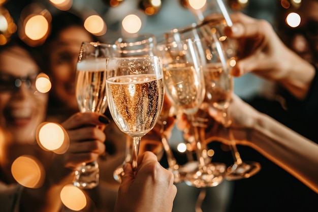 Een diverse groep individuen die hun wijnglazen opheffen om te vieren en te toasten een groep mensen die champagne glazen klinken op een feest AI gegenereerd