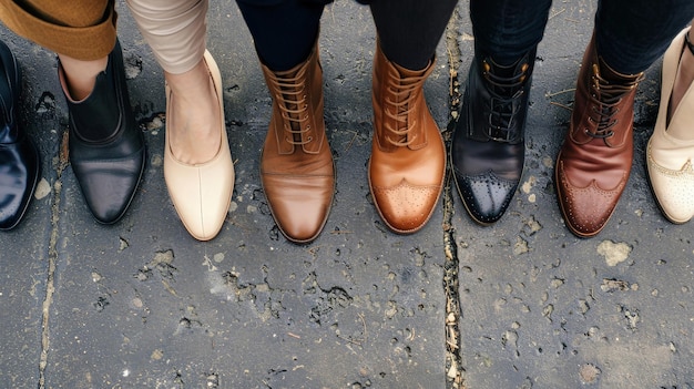 Foto een diverse groep individuen in zakelijke schoenen die dicht bij elkaar staan en een hechte en verenigde gemeenschap vormen