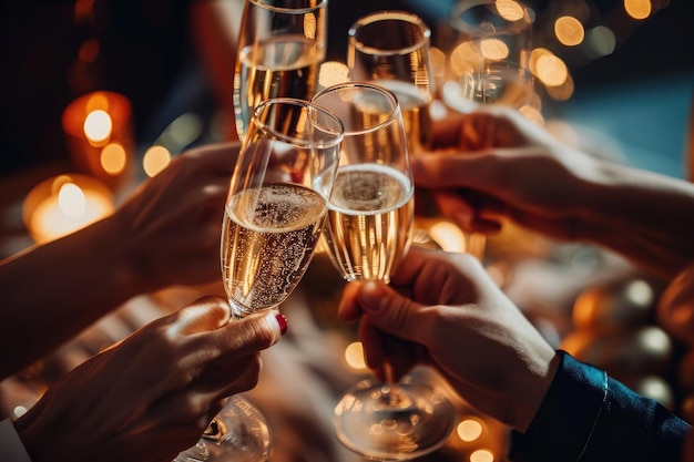 Een diverse groep individuen vieren en heffen hun glazen terwijl ze toasten met champagne een groep mensen die champagne glazen klinken op een feest AI gegenereerd