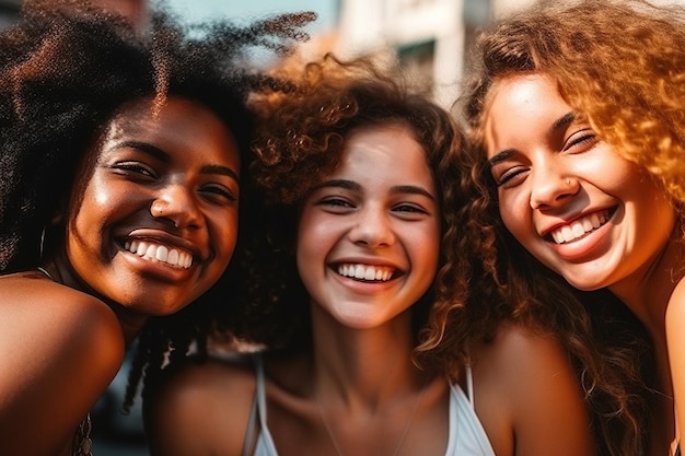 Een diverse groep jonge vrouwen in een openhartig moment, stralend van een glimlach en pure vreugde en zorgeloze geest uitstralend Hun verschillende rassen dragen bij aan de levendigheid van de scène Generatieve AI