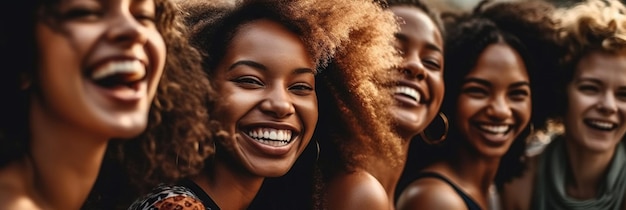 Foto een diverse groep jonge vrouwen in een openhartig moment, stralend van een glimlach en pure vreugde en zorgeloze geest uitstralend hun verschillende rassen dragen bij aan de levendigheid van de scène generatieve ai