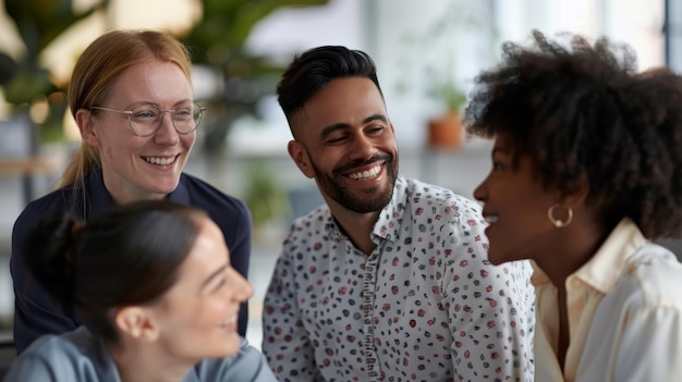 Een diverse groep mensen die dicht bij elkaar in een cirkel zitten en een gesprek voeren en genieten