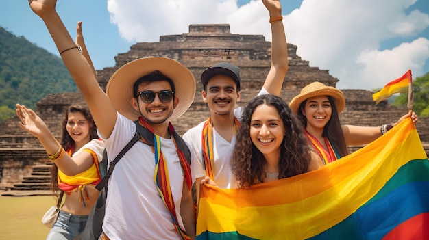 Een diverse groep mensen die trots een regenboogvlag vasthouden ter ondersteuning van LGBTQ-rechten