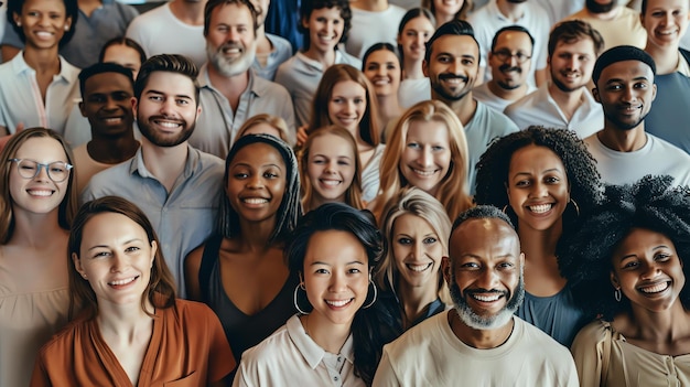 Een diverse groep mensen van alle leeftijden en etnische groepen glimlacht en kijkt naar de camera