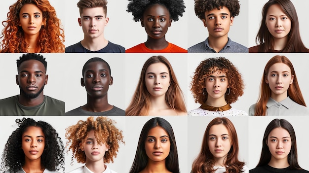 Een diverse groep mensen van verschillende etnische groepen en leeftijden kijken allemaal naar de camera met neutrale uitdrukkingen.