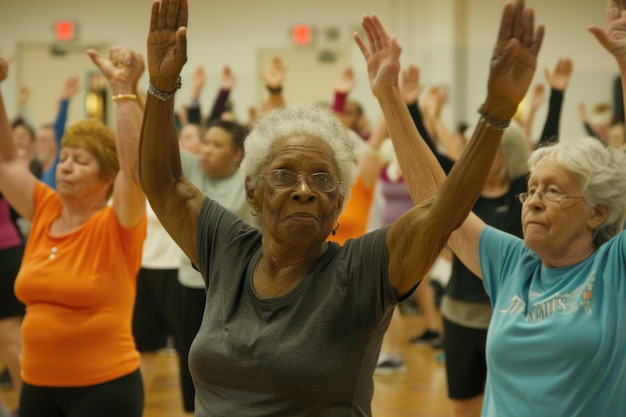 Een diverse groep oudere vrouwen neemt deel aan een yoga-sessie in de sportschool, strekt zich uit, mediteert en omarmt wellness in hun gouden jaren.