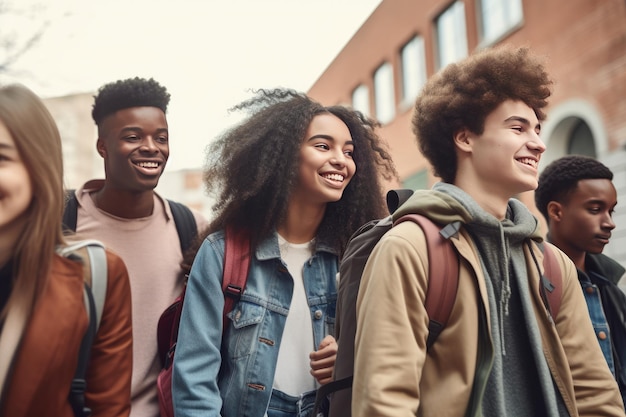 Een diverse groep studenten loopt naar een school gemaakt met generatieve AI-technologie.