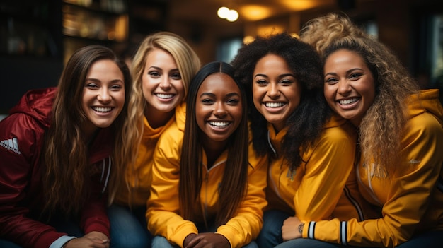 Een diverse groep vriendinnen verzamelt zich rond een bank om sport te kijken op televisie xA