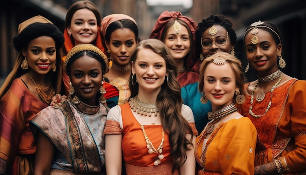 Een diverse groep vrouwen in traditionele jurken uit de hele wereld verzamelde zich in een historisch c