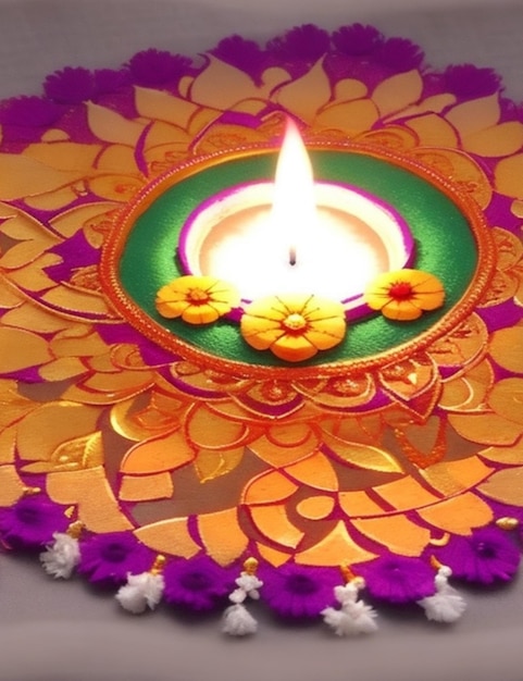 Een Diwali-feest met een prachtig rangoli-ontwerp op de vloer