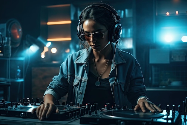 Een DJ-vrouw die muziek speelt in een nachtclub is een dynamisch en energiek beeld dat de levendige en levendige sfeer van het nachtleven vastlegt Generatieve AI