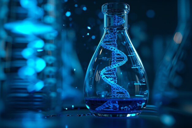 een DNA-vlek met blauwe vloeistof in een glazen kolf