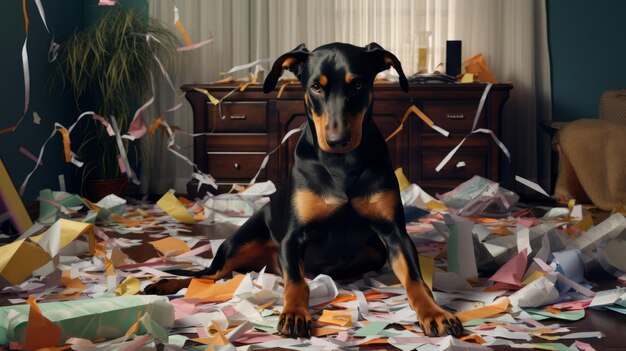 Een Doberman hond zit op de vloer in het midden van een papier dat hij heeft verscheurd Generatieve AI