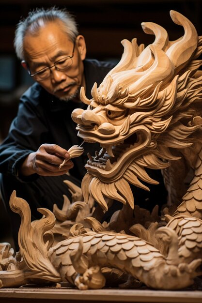Foto een documentaire-stijl foto van een ambachtsman die een chinese draak sculptuur maakt