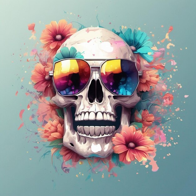 een dode schedel met een trendy zonnebril, t-shirtontwerp, bloemen splash t-shirtontwerp