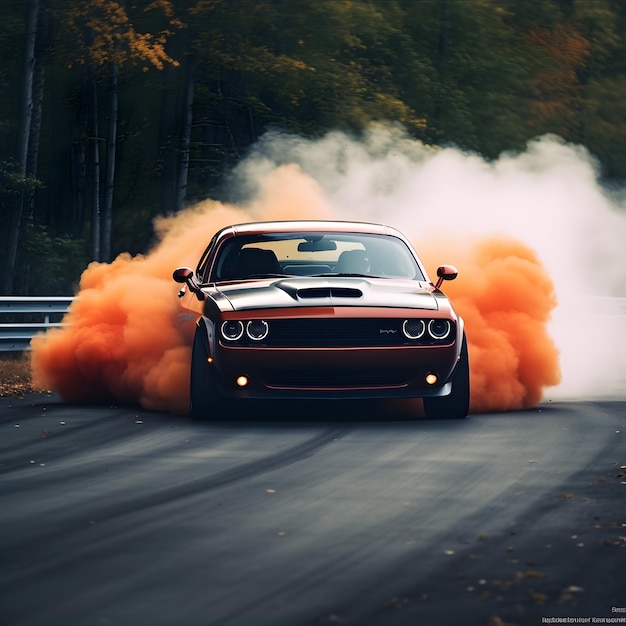 Foto een dodge-auto drijft op een spoor met rook eromheen.