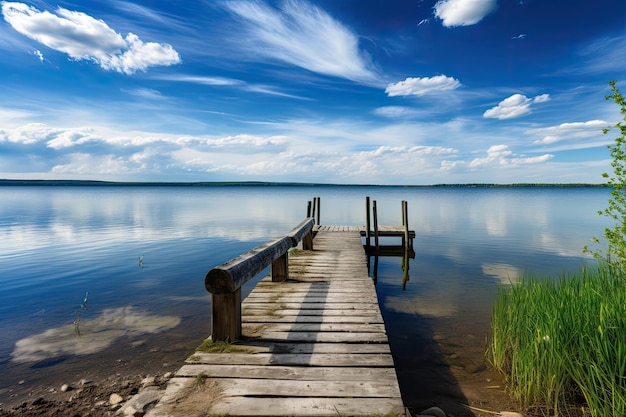 Een dok aan een meer met een blauwe lucht en wolken