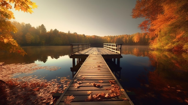 Een dok aan een meer met herfstbladeren op de grond