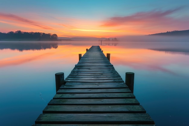 Een dok dat in het water drijft Een schilderachtige scène van een houten pier die zich uitstrekt in een rustig meer bij zonsopgang