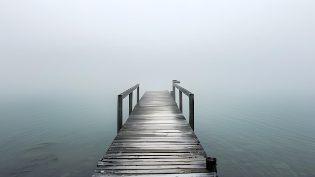 een dok met een houten pier in de mist