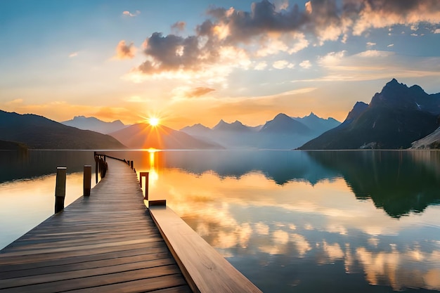 Foto een dok met een zonsondergang op de achtergrond